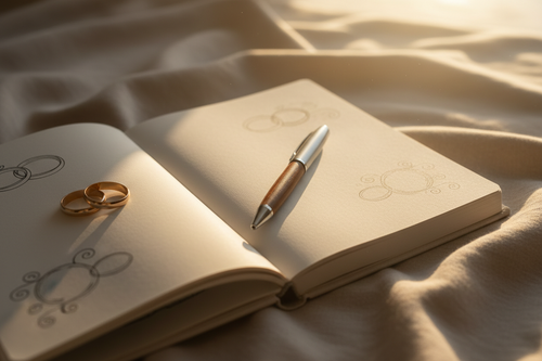 Open workbook with pen and wedding rings — Dreamland Foundations + Workbook
