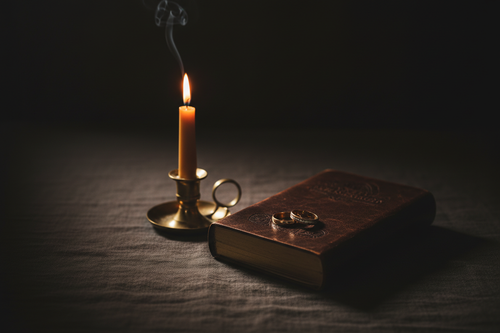 Lit candle with leather journal and wedding rings — Dreamland Practitioner Tier